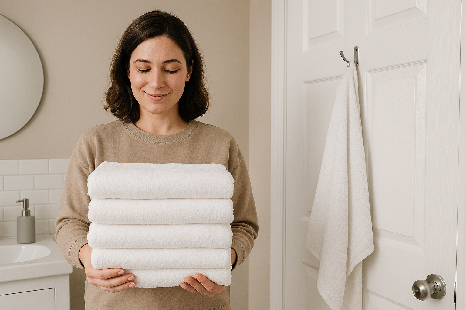 Hooks and racks maximizing bathroom wall space