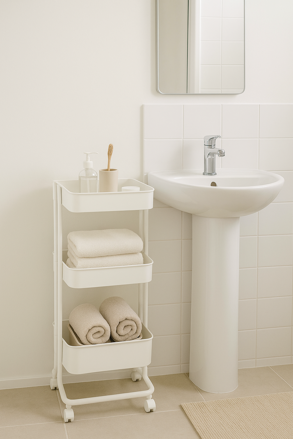 Shower caddy holding organized bath products