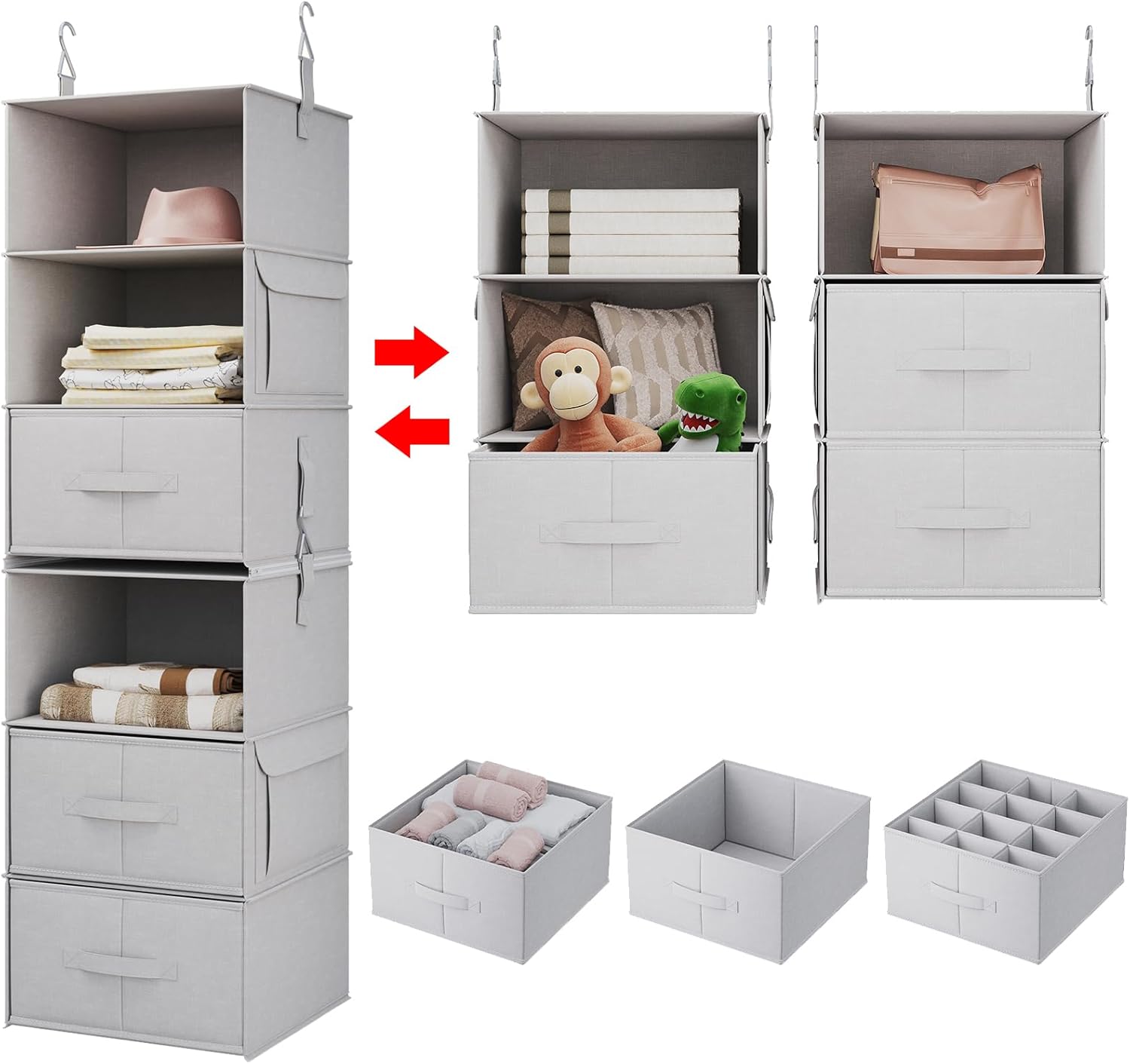 Fabric hanging closet shelves with compartments